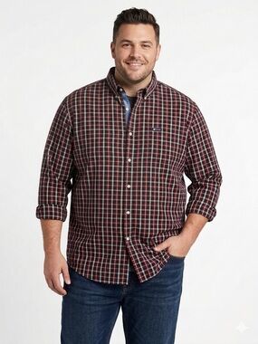 Chaps Men's Burgundy Red Blue White Plaid Button-Down Long Sleeve Shirt 2XL -548
